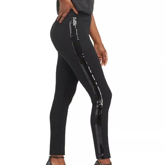 SPANX NWT $148‎ Women's Black Ponte Sequin Trim Pull On Skinny Pants S Small - Picture 3 of 8